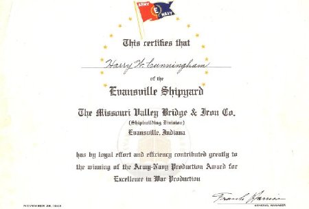 Army-Navy Evansville Shipyard Award Certificate