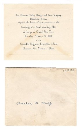 Ship launching invitation sent to Charles H. Wolf