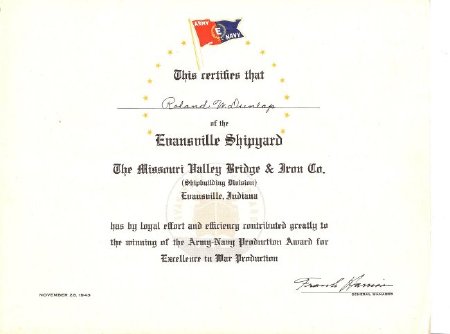 Army-Navy Evansville Shipyard Award Certificate