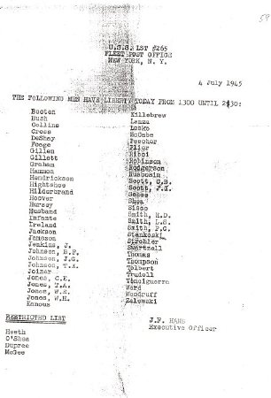 LST-265 July 4, 1945 crew liberty list posting