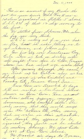 Handwritten Travel Account of Victor Iams aboard LST 398, Page 1