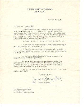 Letter from Secretary of Navy to F. Eisenreich